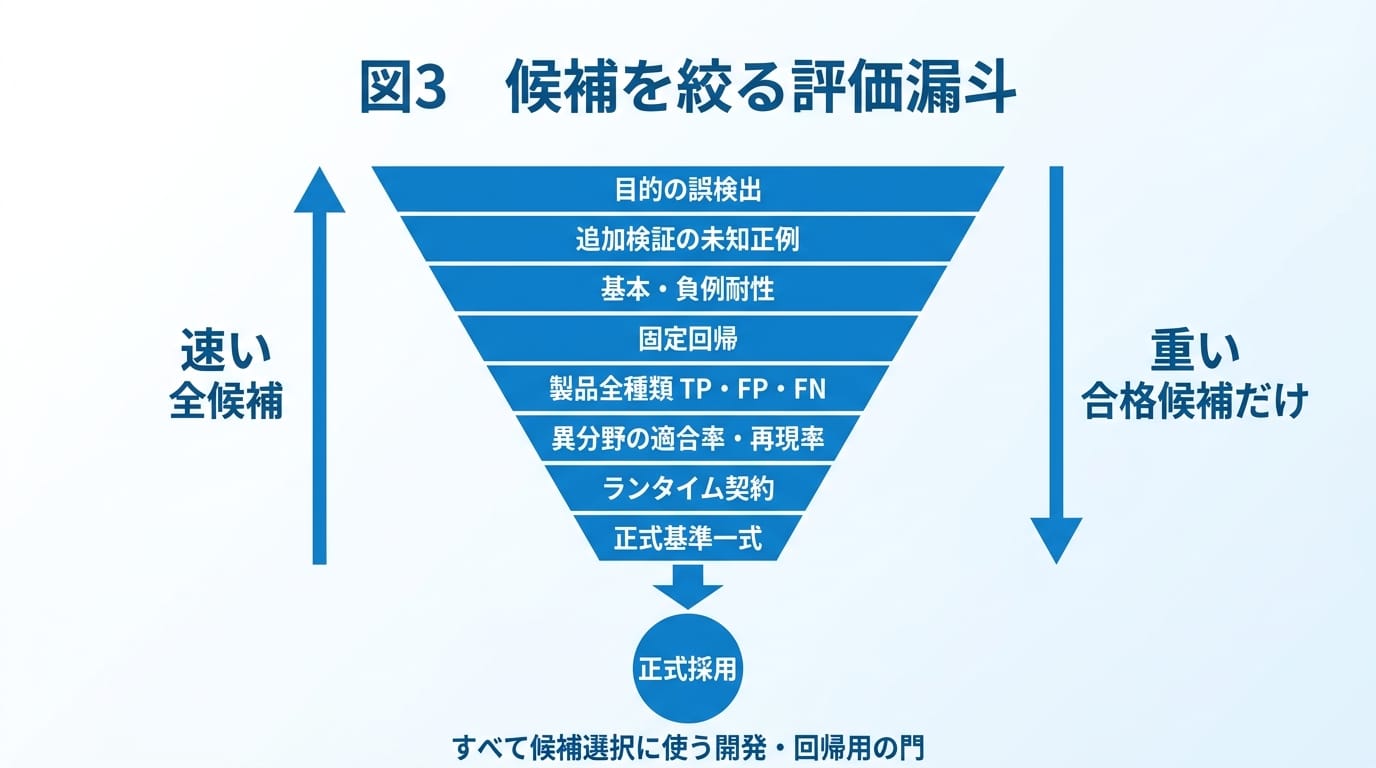 目的誤検出から追加検証、負例耐性、固定回帰、製品全種類、異分野、ランタイム契約、正式基準へ進む評価漏斗
