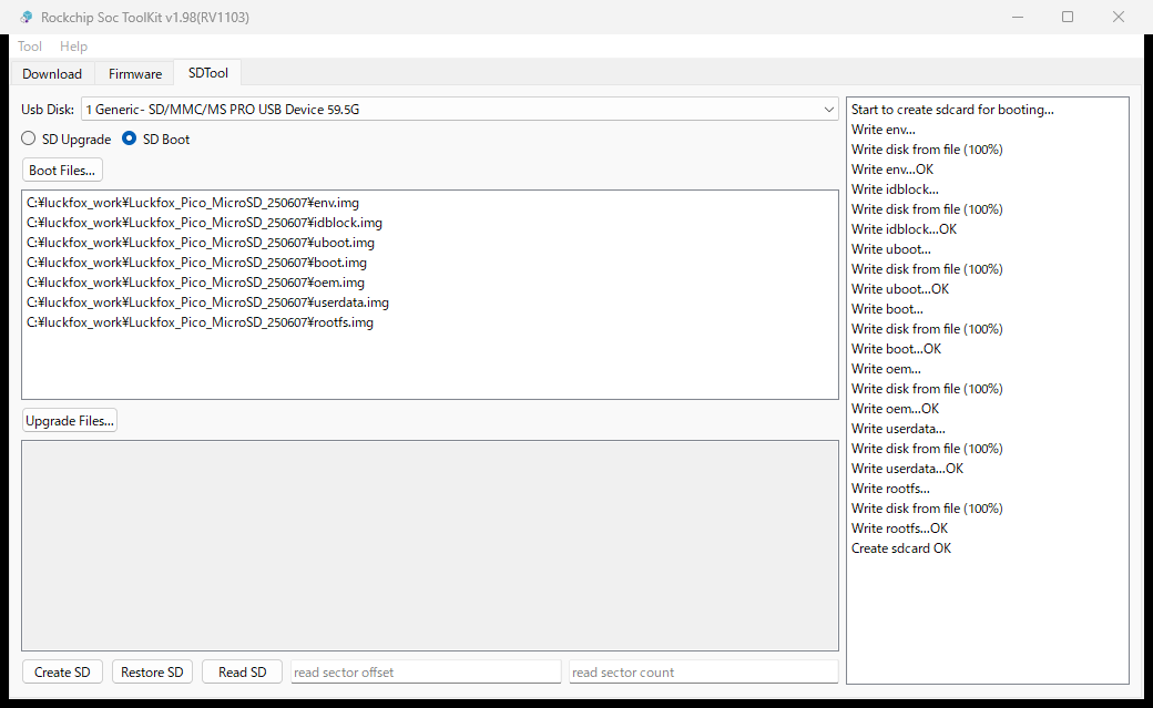 SocToolKitの書き込み完了ログ。Create sdcard OKと表示