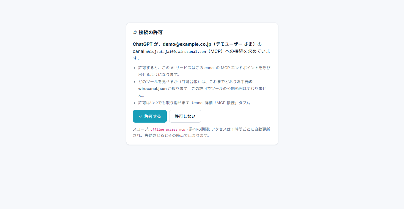 WireCanalの接続許可画面(ChatGPTから)。Claudeのときと同じ画面が出る