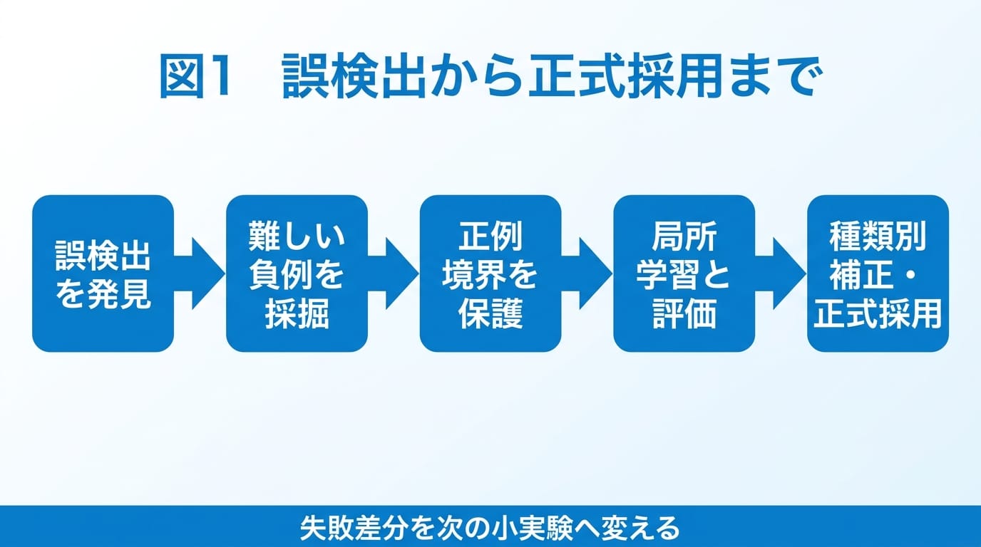 誤検出の発見から難しい負例の採掘、正例境界の保護、局所学習と評価、種類別補正を経て正式採用する流れ