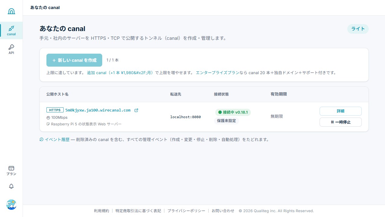 ダッシュボードで接続中になった状態